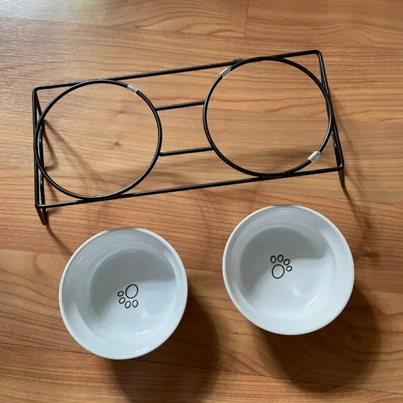 Ceramic Stoneware Bowls and Metal Stand for Cat or Small Dog. NEW, NEVER USED! - Picture 6 of 14